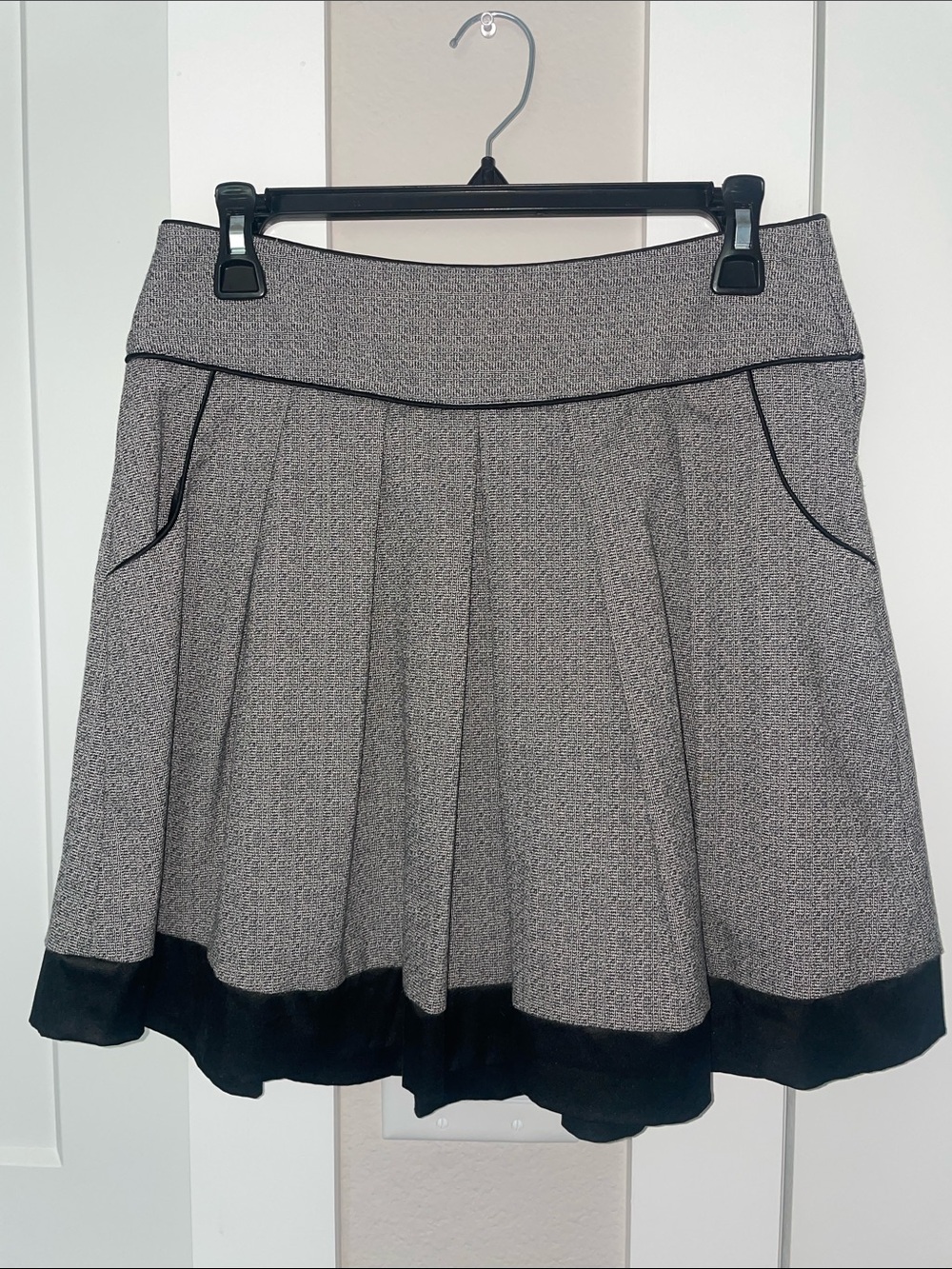 Grey Pleated A-Line Skirt with Black Trim and Pockets